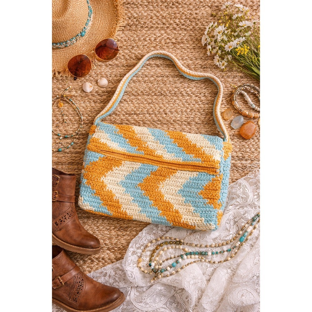 Boho Festival Beach Crochet Wild Fable Chevron Shoulder Bag Orange Blue Cream